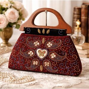 Vintage Beaded Sequin Evening Bag Wooden Arch Handles Velvet Trim Satin Lined